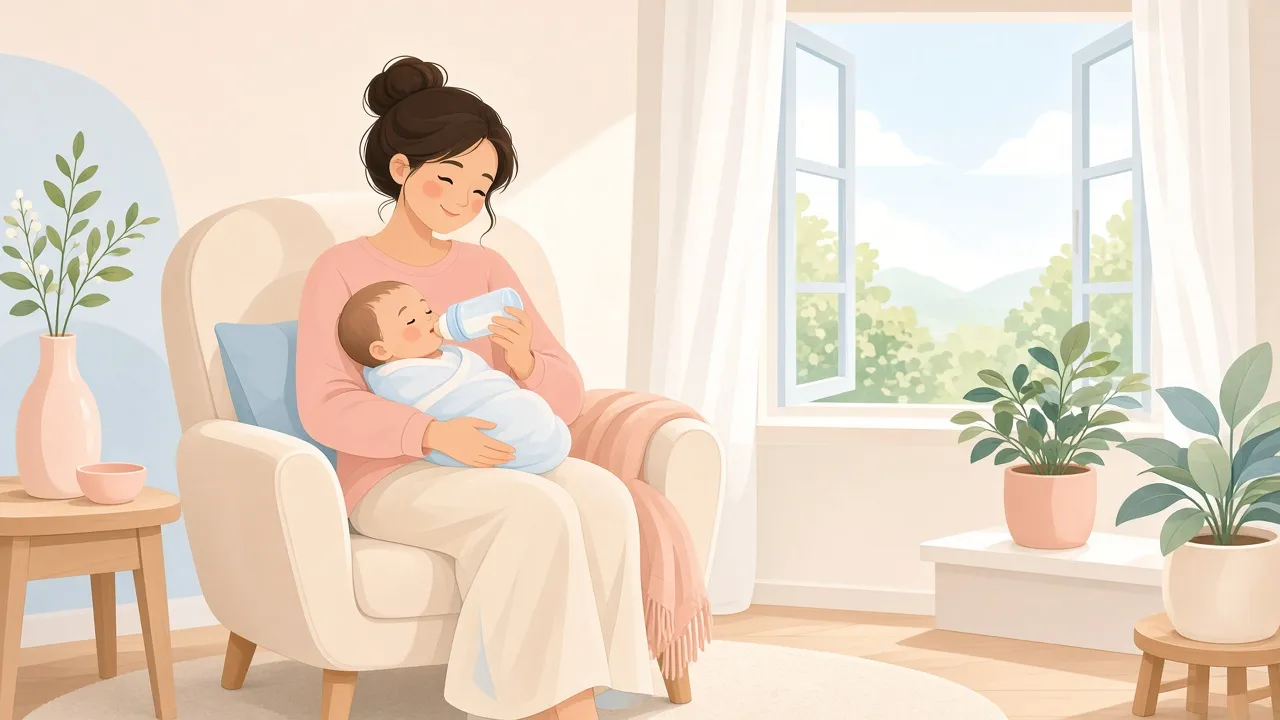 Dumansız ve ferah ev ortamında bebeğini besleyen anne