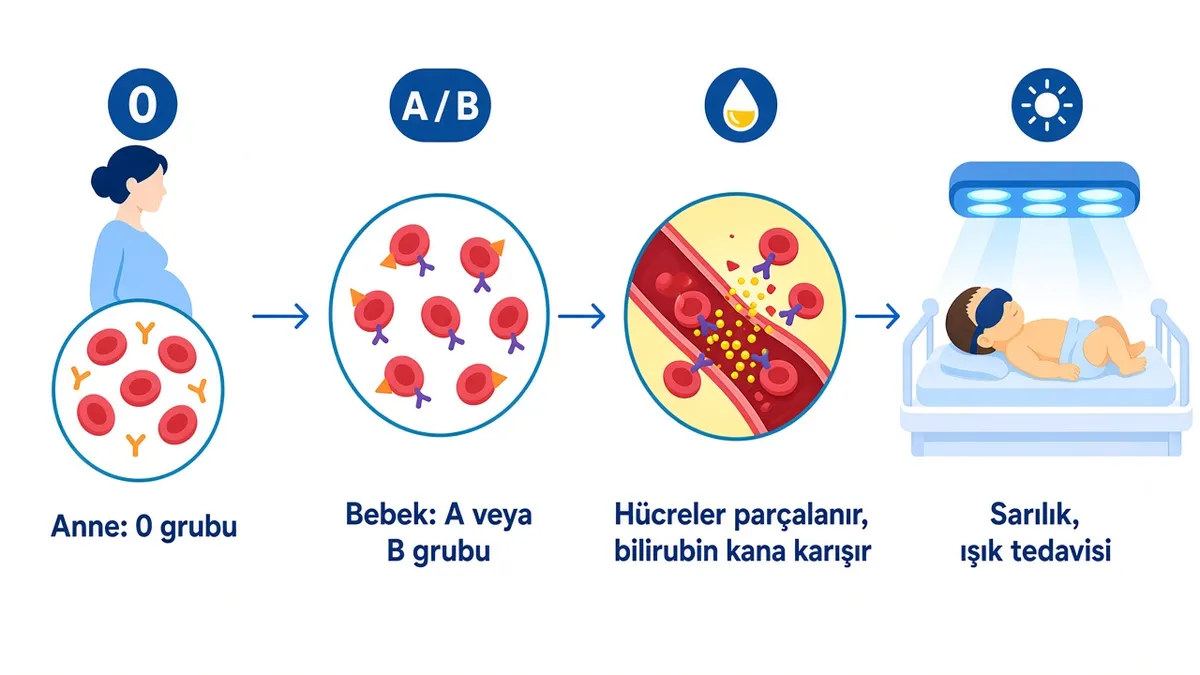ABO uyuşmazlığında 0 grubu annenin antikorları A veya B grubu bebeğin kan hücrelerine yapışır, parçalanan hücrelerden çıkan bilirubin kana karışır ve bebekte ışık tedavisiyle düzelen sarılık görülür