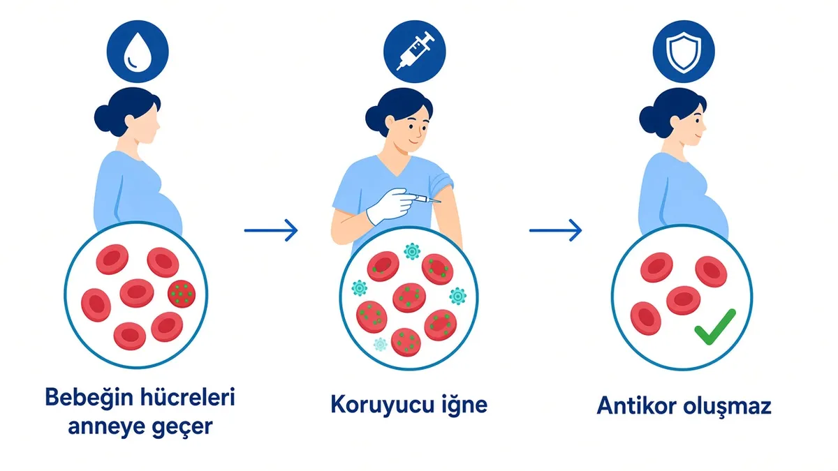 Koruyucu iğnenin etkisi: bebeğin anneye geçen kan hücreleri iğneyle ortadan kaldırılır ve annede antikor oluşmaz