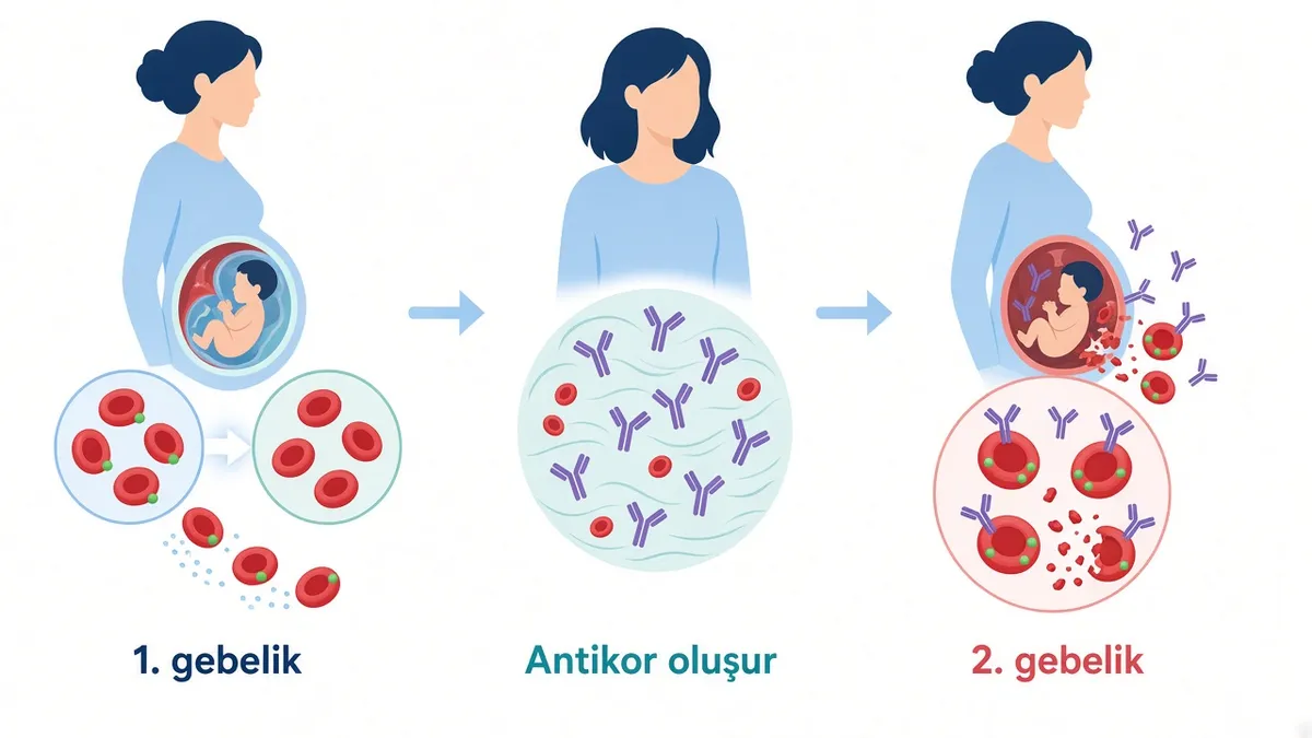 Rh uyuşmazlığının oluşumu: ilk gebelikte bebeğin kan hücreleri anneye geçer, annede antikor oluşur, ikinci gebelikte antikorlar bebeğin kan hücrelerine saldırır