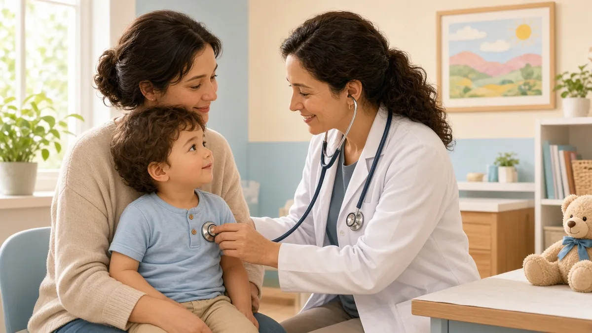 Çocuk doktoru annesinin kucağındaki ateşli çocuğu stetoskopla muayene ediyor