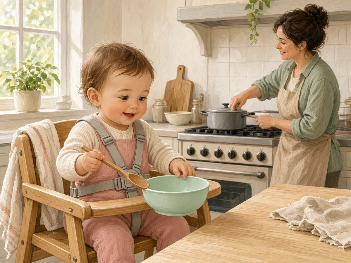 Bebek kemeri takılı mama sandalyesinde ocaktan uzakta oturuyor, ebeveyni arka planda yemek hazırlıyor