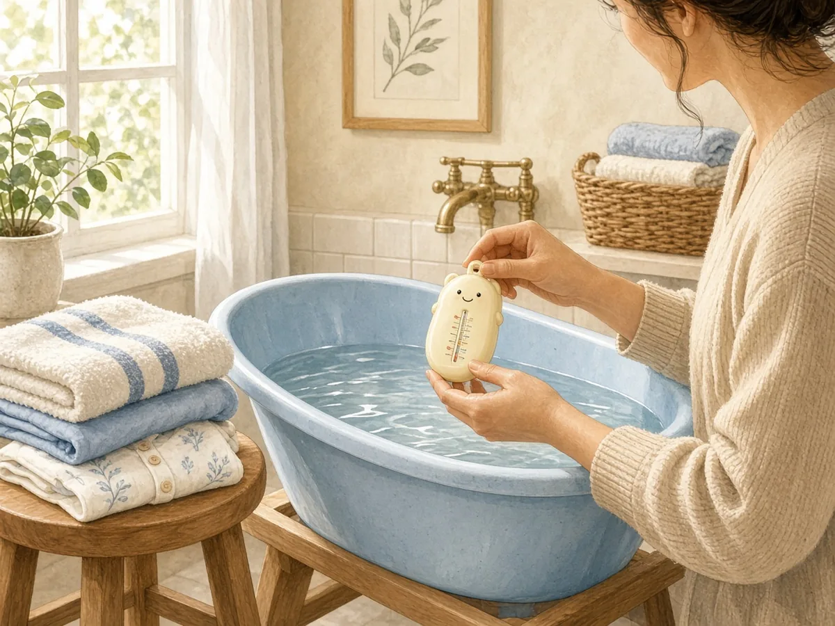 Ebeveyn bebek küvetindeki suyun sıcaklığını banyo termometresiyle kontrol ediyor, havlu hazır bekliyor