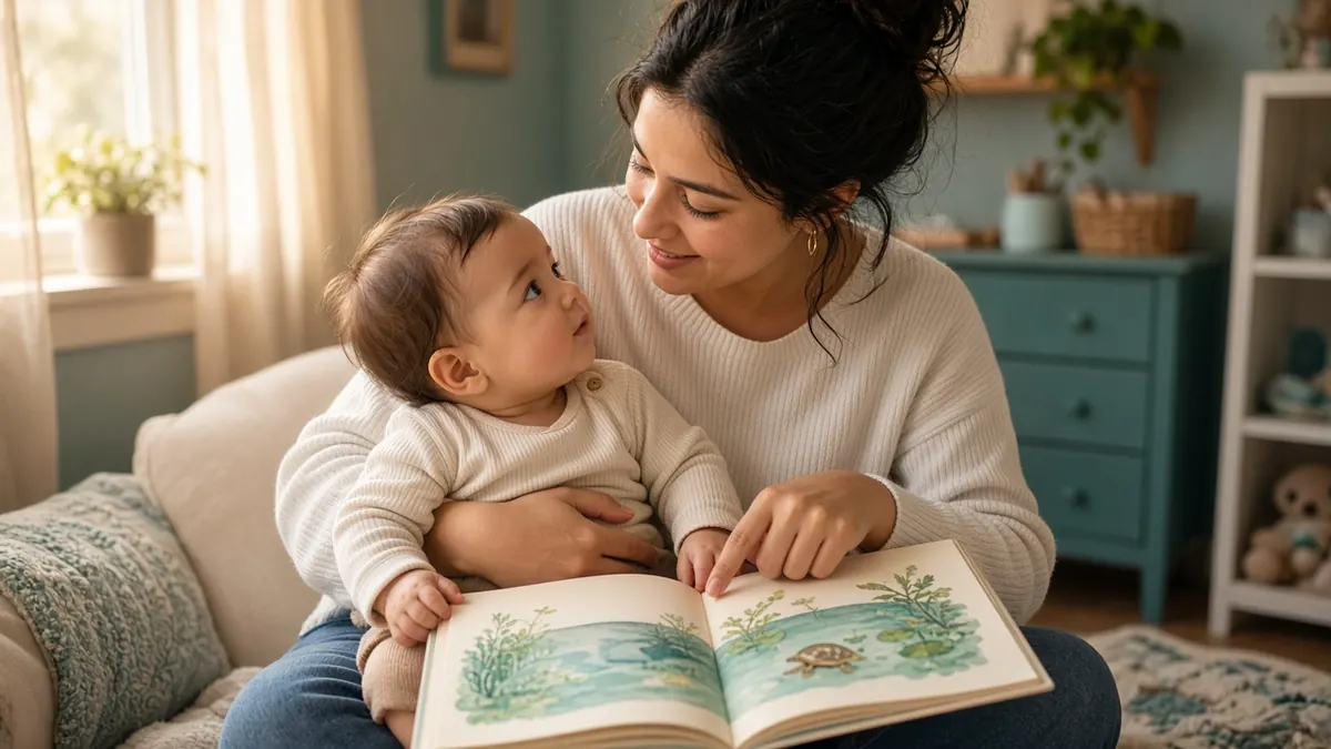 Ebeveyn kucağındaki bebeğe resimli kitap bakıyor ve işaret ediyor