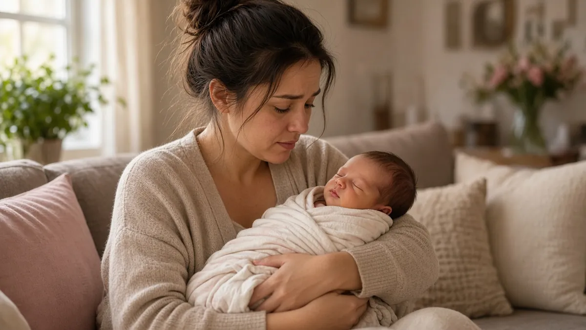 Anne kucağındaki çok uykulu, hafif sarı tenli yenidoğan bebeğe endişeyle bakıyor