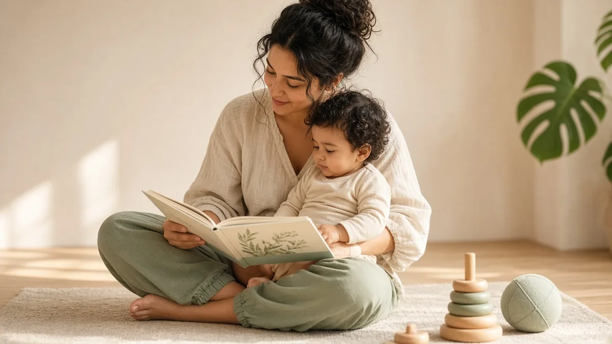 Anne kucağındaki bebeğe resimli kitap bakıyor, yanıda ahşap halka oyuncaklar duruyor