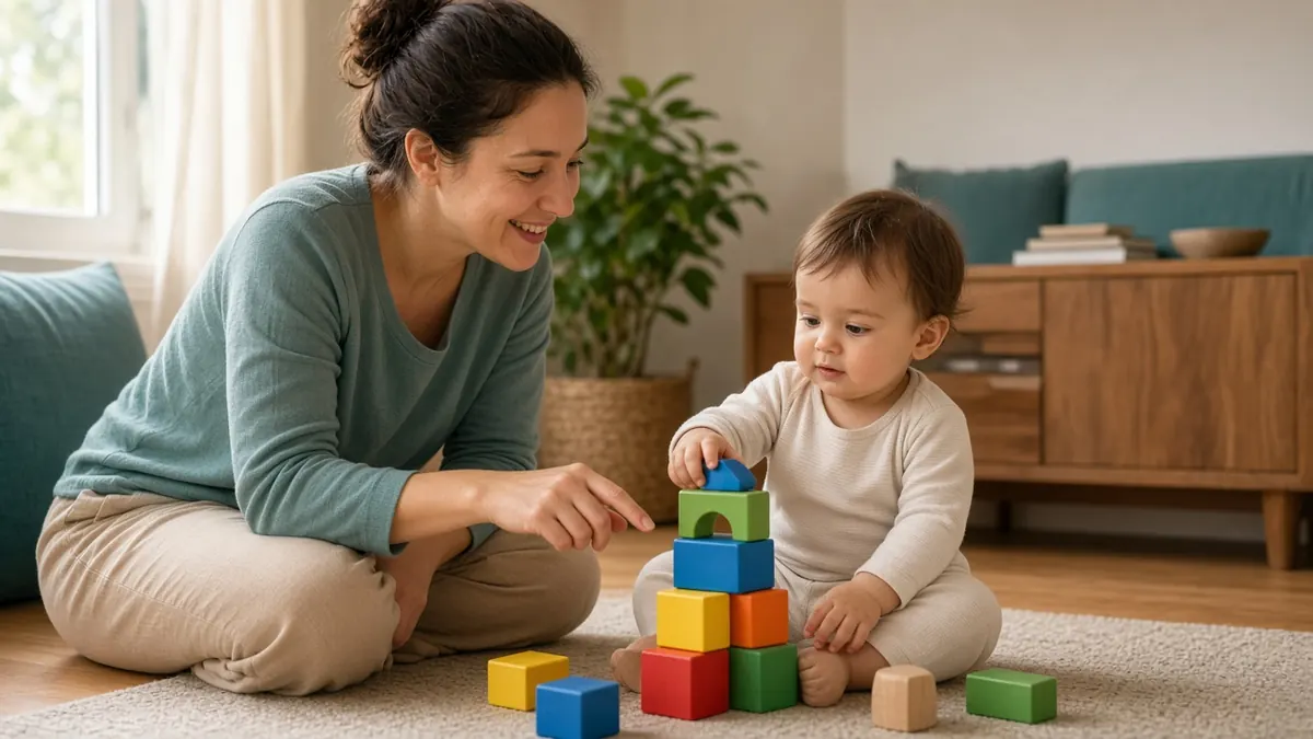 Anne yerde oturarak bebeğiyle ahşap bloklarla oynuyor