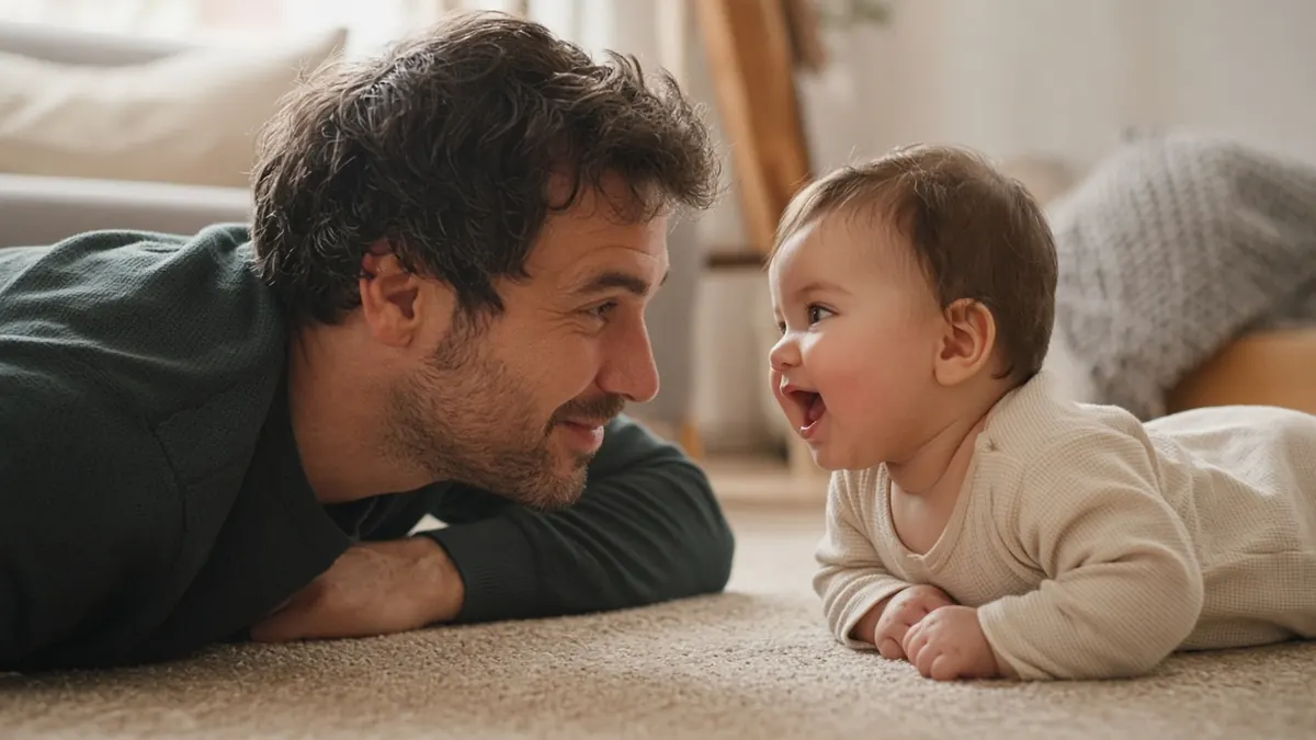 Baba bebek ile yüz yüze gülümseyerek karşılıklı etkileşim kuruyor