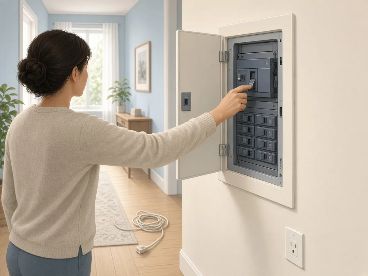 Ebeveyn elektrik panosundaki ana sigortayı kapatıyor, arka planda yerde duran bir uzatma kablosu