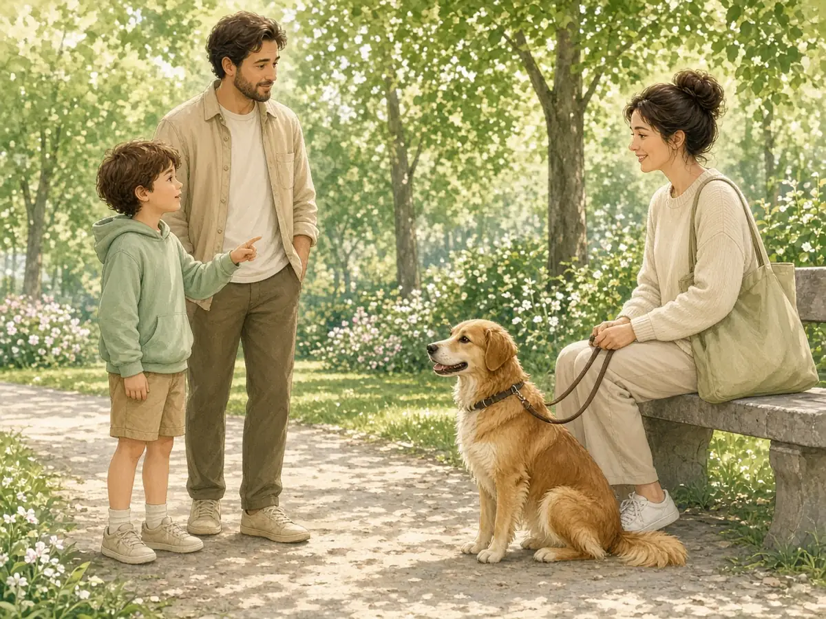 Çocuk, köpeğe yaklaşmadan önce sahibinden izin istiyor; köpek tasmalı ve sakin