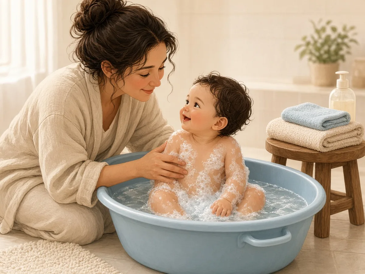 Ebeveyn banyo sırasında bebeğin yanında, bir eli bebeğin üzerinde; havlu ve malzemeler önceden hazırlanmış