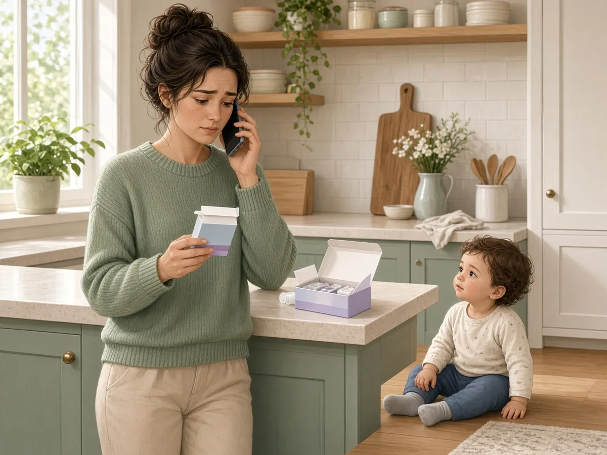 Ebeveyn bir elinde ilaç kutusu, diğer elinde telefonla zehir danışma hattını arıyor; çocuk yanında oturuyor