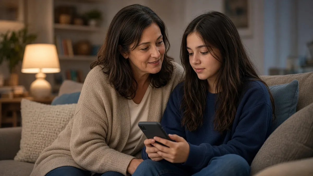 Anne ve ergen kızı kanepede yan yana oturmuş, telefon üzerine sakin bir şekilde sohbet ediyor