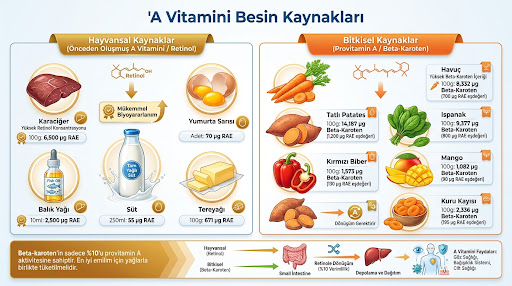A vitamini besin kaynakları - hayvansal ve bitkisel