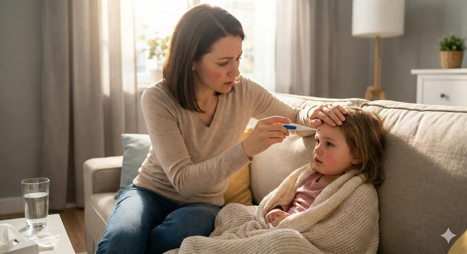 Anne, kanepede dinlenen ateşli çocuğunun alnına dokunup termometreyle ateşini ölçüyor